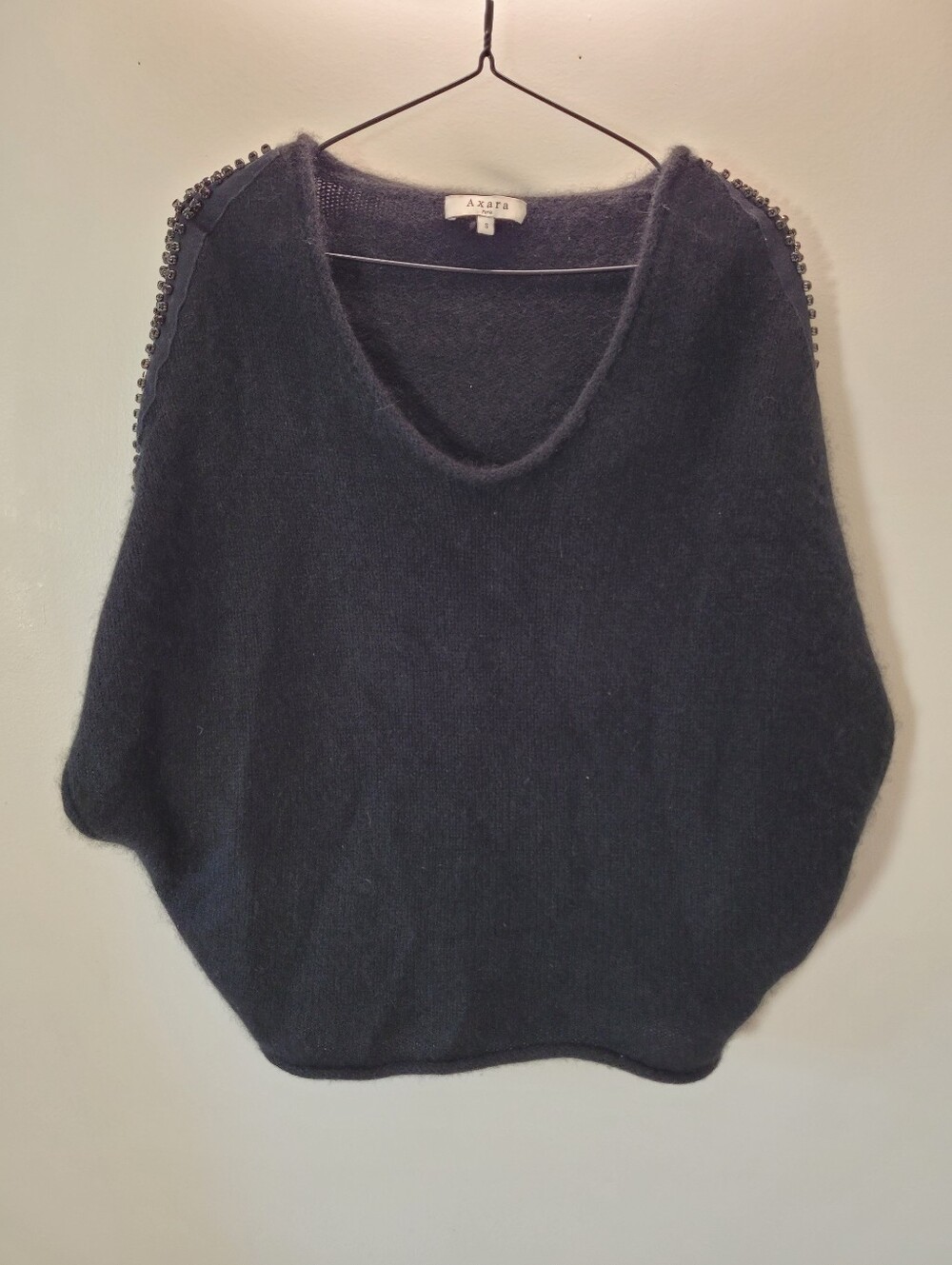 Axara Paris 70% Angora Wool Black Off-the-Shoulder Embellished Sweater - S